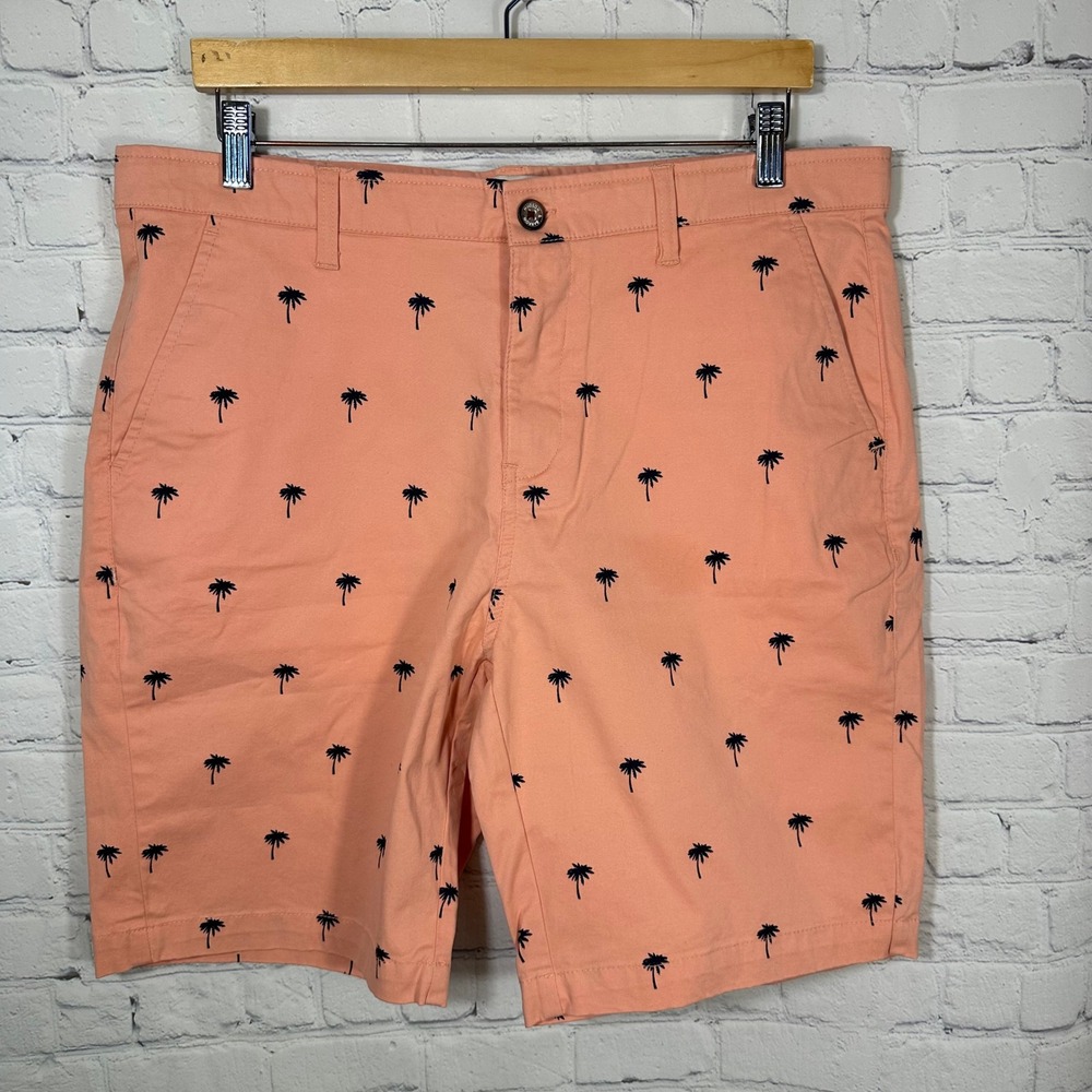 Hudson & Barrow Mens Coral Pink Palm Tree Embroidered Chino Shorts Size‎ 34